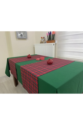 Koyu Yeşil Renk Masa Örtüsü Yılbaşı Ekose Runner Seti