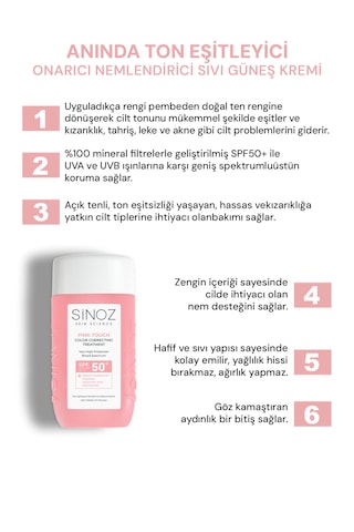 ﻿Sinoz Pink Touch Yüksek Koruyucu Ton Eşitleyici Pembe Yüz Güneş Kremi SPF50+ 50 ML