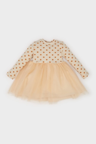 DeFacto Kız Bebek Çiçekli Uzun Kollu Tül Elbise D9573A525SPBG360 Bej