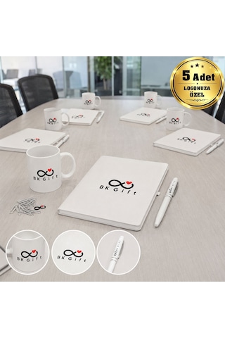 Logonuza Özel 5 Adet Beyaz Defter, Metal Kalem Ve Kupalı Kurumsal Hediye Seti