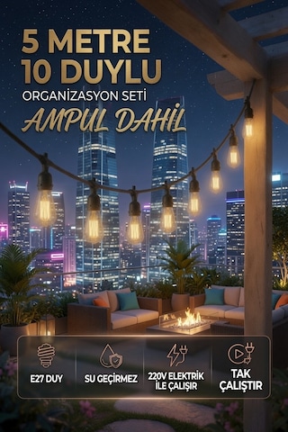 5 Metre 10 Duylu Dış Mekan Aydınlatma Seti Rustik Ampul Dahil, Su Geçirmez, E27 Organizasyon, Bahçe, Teras Işığı Siyah