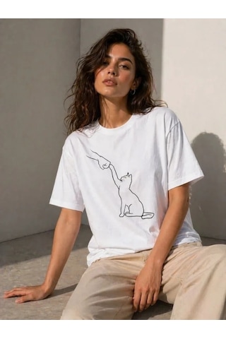 Valensdesign Minimal Kedi Çizim Baskılı Tişört Kısa Kol Yazlık T-shirt - Beyaz