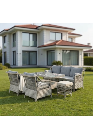 Petra Galvanizli 3+1+1+masa 80x140 +2 Puf Bahçe Balkon Mobilyası Gri