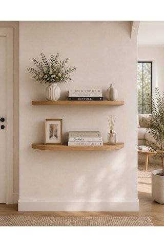 2'li Oval Duvar Rafı Salon, Yatak Odası, Antre, Hol Dekorasyon 60 Cm Uzunluk Çam Duvar Rafı Kahverengi