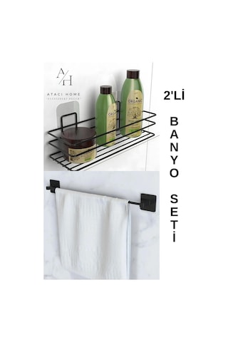 Atacı Yapışkanlı 2li Banyo Düzenleyici Banyo Aksesuarı Banyo Rafı Pratik Siyah Uzun Havluluk Siyah