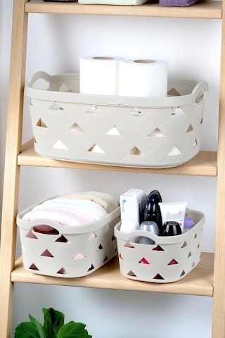 3lü Dekoratif Deri Görünüm Dolap İçi Düzenleyici Saklama Kutusu Sd5000set-4 Mutfak Banyo Organizer Sepet Krem Krem