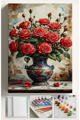 Sayılarla Boyama Çerçeveli Hobi Seti Numaralı Tuval Fırça Boya Kasnaklı 40x50 Cm Kırmızı Gül Vazo
