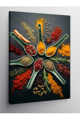Kanvas Tablo Renkli Baharat Kaşıkları Ve Baharatlar 70cmx100cm