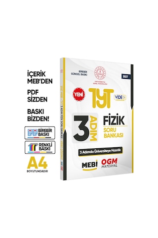 2027 TYT Mebi-ogm 3 Adım Fizik Soru Bankası Renkli A4 Boyut Video Çözümlü Baskı Ücreti