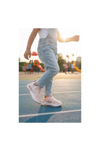 Pudra Bağcıklı Hafif Esnek Kız Çocuk Spor Ayakkabı 1990 F Pudra