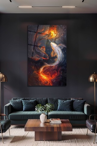 Yin Yang Koi Balığı Ateş Ve Su Mistik Dekoratif Cam Tablo Feng Shui Enerji Duvar Sanatı Modern Dekorasyon Temalı Dekoratif Duvar Tablosu, Salon, Ev Ve Ofis Dekoru,