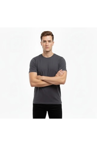 Etiler Collection Erkek T-shirt Bisiklet Yaka Slim Fit Dar Kesim Likralı Tişört Günlük Basic Body - Füme