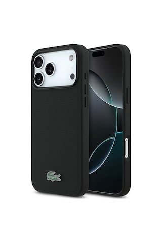Apple Uyumlu iPhone 18 Pro Max Kılıf Lacoste Lisanslı M-safe Uyumlu Pu Pike Desenli Metal Logolu Kapak Siyah