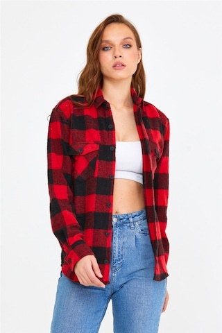 Tarz Cool Kadın Kırmızı Slim Fit Cepli Ekoseli Oduncu Gömlek-kkkodg001r07s Kırmızı