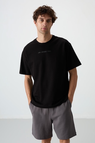 Air Jones Tommy Life Siyah Pamuklu Kalın Yüzeyi Dokulu Oversize Fit Baskılı Erkek T-shirt - 88364 Siyah