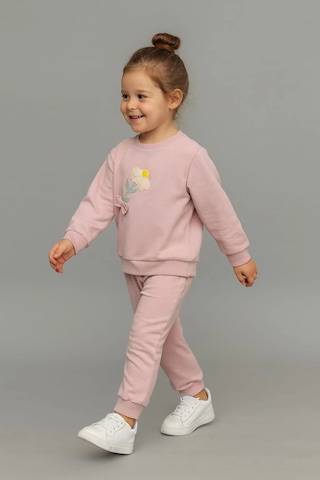 Papatya Nakışlı %100 Pamuk 2 Li Çocuk Eşofman Takımı Gül Kurusu