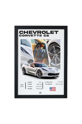 Chevrolet Corvette C8 Ahşap Çerçeveli Poster Tablo Mid-engine American Supercar Siyah