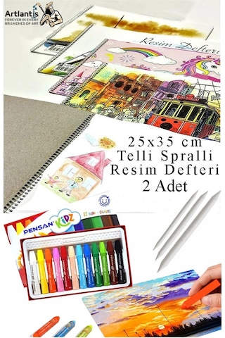 12 Renk Pensan Pastel Boya 25x35 Cm Telli Spralli Resim Defteri Pastel Dağıtma Kalemi 15 Yaprak Resim Defteri Yağlı Çok Renkli