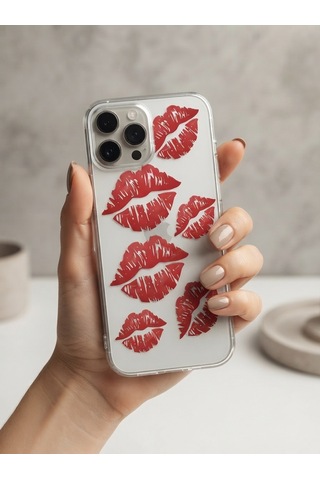 Hepsi Apple İphone Uyumlu 15 Pro Max Kırmızı Dudak / Öpücük Desenli Şeffaf Telefon Kılıfı Najmaddin Çok Renkli