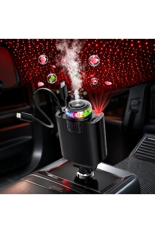 Ultratekno C7 Araç Şarj Cihazı 5in1 45w Hızlı Şarj Oto Parfüm Difüzör Type-c & Lightning Makaralı Kablo Rgb Yıldız Işığı Araç İçi Nemlendirici Gri