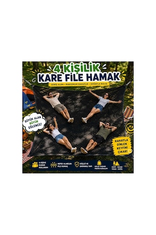 4 Kişilik Kare File Hamak 250x250 Cm Kamp Bahçe Piknik Hamağı Geniş Ve Dayanıklı Siyah