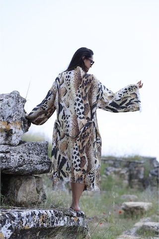 Befera Müslin Kimono Pamuklu Dijital Leopar Baskılı Bornoz Kaftan Sabahlık Kahverengi