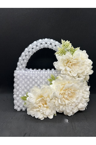Luti Design Beyaz Boncuk Gelin Çantası / Çiçek Detaylı Özel Tasarım Nikah, Söz Ve Düğün Çantası