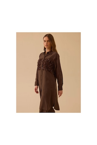 Seçil Pul Detaylı Uzun Tunik Ve Pile Detaylı Tam Geniş Boy Paça Pantolon Kahverengi - 932557076 Kahverengi