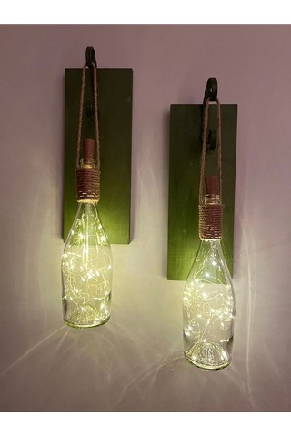 Tıpa Peri Led Işıklı Koyu Yeşil Ahşap Cam Şampanya Şişesi Duvar A Çok Renkli