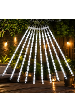Vıp Yüksek Kalite Akan Işık Beyaz Yağmur Damlası Led Işık 10 Dal 45 Cm Çubuklar 360 Ledli 4.60 Metre