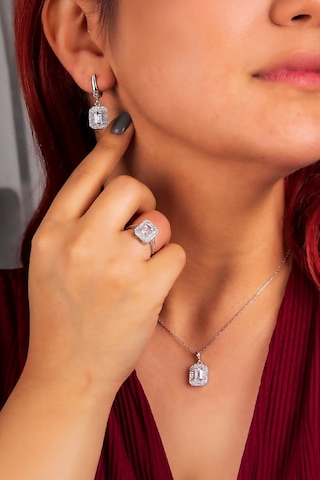 925 Ayar Gümüş Rodyumlu Sekizgen Baget Bayan Takı Seti -8225 Gümüş