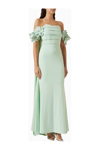 Ac By Aanchal Chanda Off - Shoulder Cape - Style Çiçek Işlemeli Maxi Kadın Elbise Yeşil