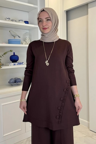 Rabia Şamlı Feryal Pantolonlu Triko Takım Acı Kahve Normal