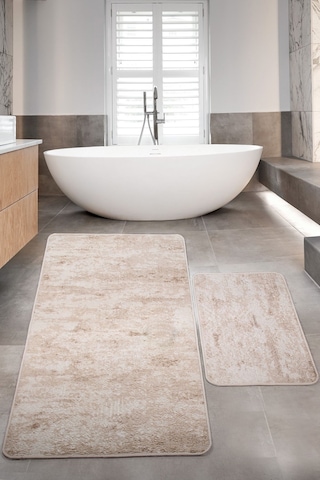 Nova Krem 80x150 + 50x80 Cm Büyük Ebat 2'li Banyo Halısı Paspas Seti Kaymaz Taban Klozet Takımı Krem