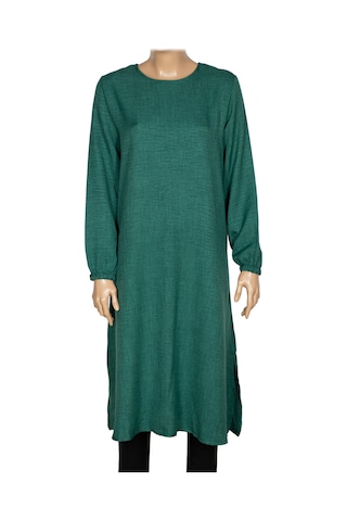 Hermevsim Missbah Kadın Efnan Keten Basic 115cm Yanı Yırtmaçlı Uzun Yeşil Tunik
