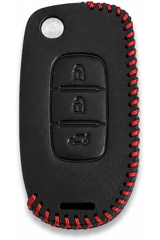 Autohan Keys Renault Megane 4, Clio 5, Captur İçin, Deri Anahtar Kılıfı, 3 Butonlu, Siyah-kırmızı Örgülü, Anahtarlık Dahil