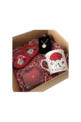 Bk Gift Kişiye Özel Kalp Puzzle Çerçeve & Sevgililer Günü Tasarımlı Kupa & Kalp Mum & Papatya Kolye Hediye Kutulu Set, Sevgiliye Hediye, Yıl Dönümü He