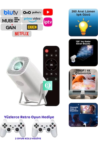 Projeksiyon Cihazı 200 Lümen 2 Kol li 4k 1080p Hd Projektor 3d Oyun Keyfi Android