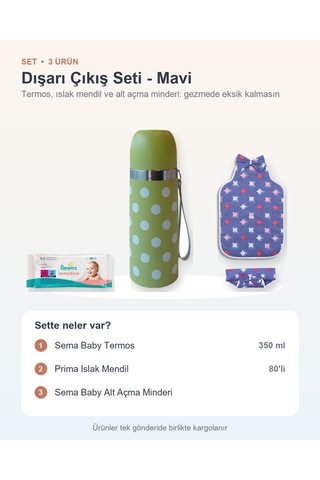 Dışarı Çıkış Seti 3 Parça: Sema Baby Termos + Prima Islak Mendil + Sema Baby Alt Açma Minderi - Mavi