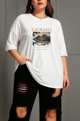 Büyük Beden Tasmania Baskılı Unisex Tişört Beyaz