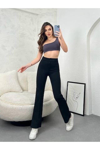 Kadın Yüksek Bel İspanyol Paça Krep Kumaş Pantolon Slim Fit Şık Pantolon Siyah