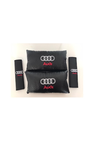 Audi Nakışlı Deri 1 Çift Boyun Yastık Ve 1 Çift Kemer Pedi Siyah
