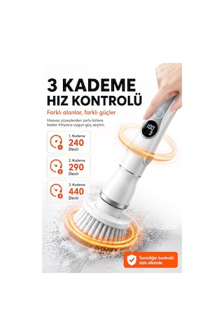 Kablosuz Şarjlı Temizlik Fırçası 8 Başlıklı 3 Kademe Hız Ayarlı Teleskopik Çok Amaçlı Ev Cihazı