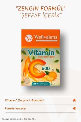 Vitamin C 500 Mg Çiğnenebilir Tablet Şekersiz 24 Tablet, Portakal Aromalı