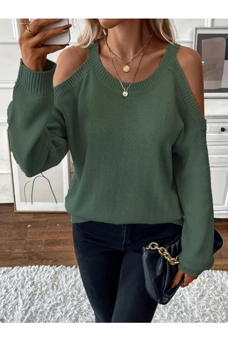 Kadın Uzun Kollu Omuzlardan Açık Askılı Yuvarlak Yaka Triko Bluz Yeşil