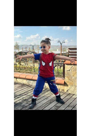 Erkek Çocuk Spiderman Baskılı Kapşonlu Çantalı Üçlü Takım Mavi