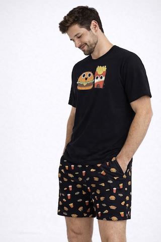 Erkek Pamuklu Baskılı Cepli Şortlu Pijama Takımı Ke77631 Siyah - Kırmızı