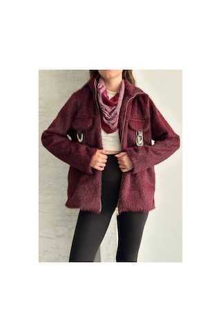 Asur Boutique Asur Butik Kadın Keçeli Kumaş Tokalı Fermuarlı Ceket Bordo