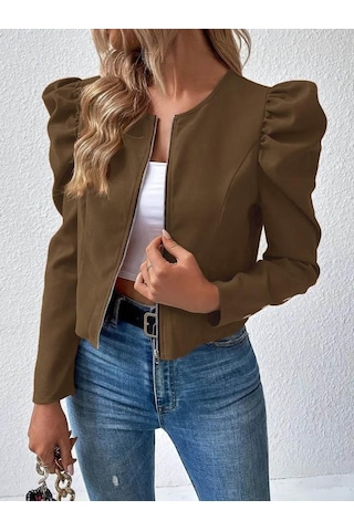 Kadın Uzun Kollu Önden Fermuarlı Balon Kol Süet Ceket Siyah