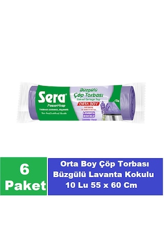 Sera Çöp Torbası Büzgülü Lavanta Kokulu Orta Boy 10 Lu 55 x 60 Cm x 6 Paket